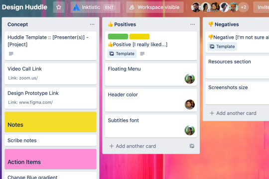 A view of a Trello board depicting three columns for a design huddle -  Concept, Positives, Negatives.