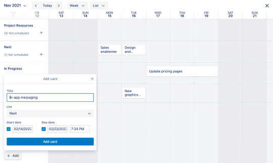 An image showing how to add a card on the Timeline view of a Trello board