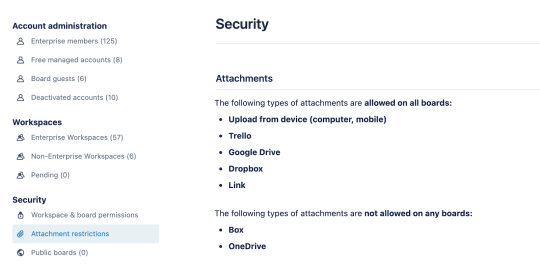 An image showing board attachment restrictions for a Trello Workspace