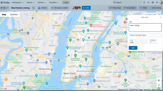 An image showing how to add a card on the Map view of a Trello board