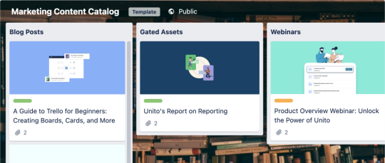 A screenshot of the Marketing Content Catalog template for a Trello board