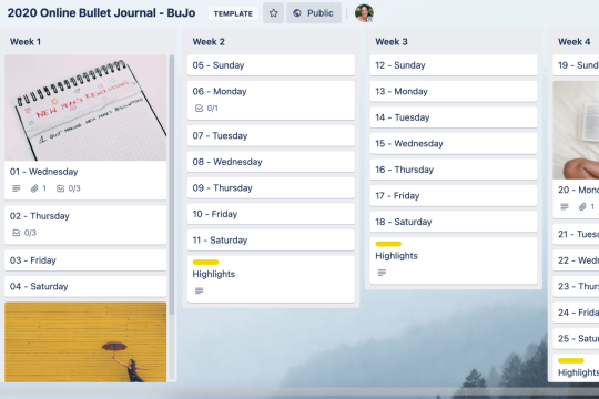 An image showing a template for bullet journalling divided into weeks. 