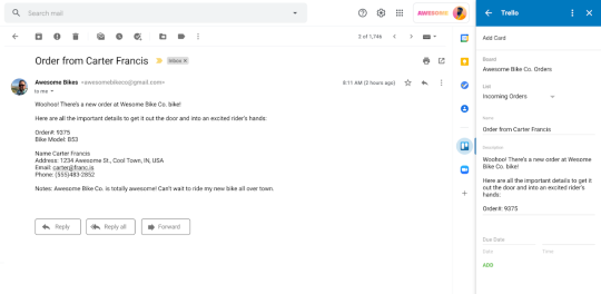 An image showing the Trello add-on for Gmail